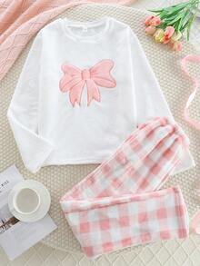 2pcs Teen Girls Soft Comfortable Pink Bow Embroidery Pajama Set, Plaid Long Sleeve Top And Pants Sleepwear - Pink - View 3