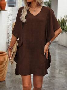 EMERY ROSE Women's Solid Color V-Neck Loose Ruffled Hem Fashionable Elegant Versatile Dress - Rust Brown - View 4