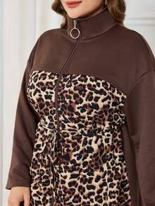 Modelyn Women's Fashion Leopard Print Patchwork Waist Cinched Long Pants, Versatile Two Pieces Set For Everyday Wear, Plus Size, Autumn/Winter