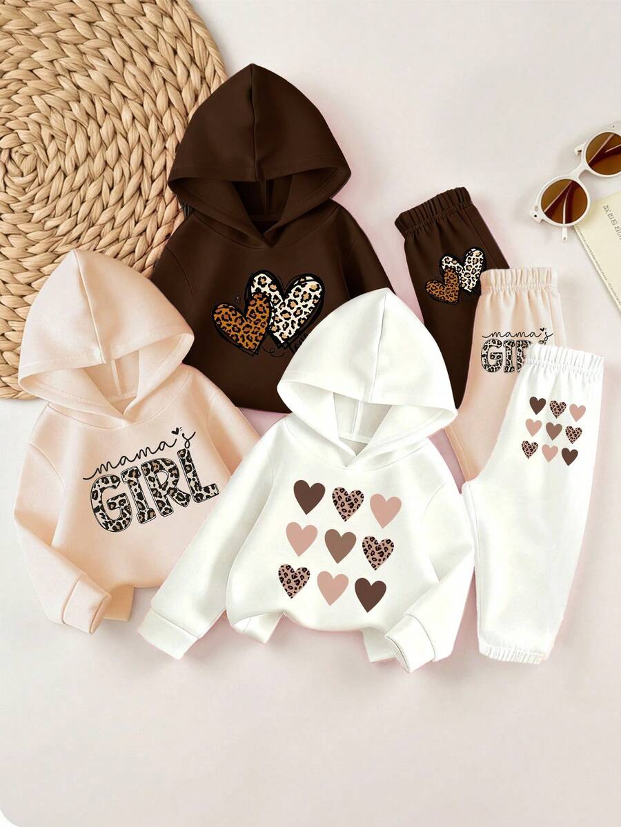 2pcs Girls Leopard Heart Letter Graphic Sweatshirt And Pants Warm Comfortable Outfit, Cute Casual Set For Autumn/Winter - Multicolor - View 1