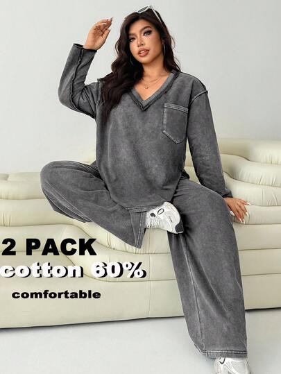 Solflare Light Gray Plus Size Women V-Neck Long Sleeve T-Shirt And Wide Leg Pants Casual 2 Pieces Set,Fall /Autumn/Winter,Christmas,New Year,Thanksgiving,Party,Wedding,Beach,Graduati,Chic,Elegant,Casual,Going Out,Date,Appointment,Commute