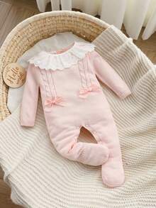 SHEIN Baby Girls' Sweater Jumpsuit,Pink Autumn Cute Sweet Matching Family Embroidered Floral Trim,Bow Decor,Snap Button,Soft Comfortable For Daily Wear - Baby Pink - View 4
