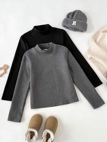 Leap Crew 2 件套年轻女孩秋冬紧身厚底高领 T 恤，适合返校、派对、婚礼、花童、儿童休闲装、开幕式、日常穿着、学校、旅行 - 黑色 - 查看 9