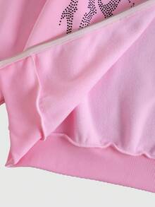 ROMWE MEN Street Life Men's Plush Collar Sparkling Rhinestone Zip-Up Hooded Sweatshirt, Long Sleeve Top - Pink - View 5