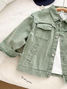 Genkimix Kids Young Boy Cotton Denim Jacket With Lining, White T-Shirt, Letter Embroidery, Distressed Utility Pockets, Casual & Stylish Everyday Wear