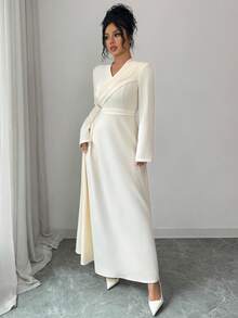 Selianne Women's Elegant Romantic V-Neck Ruched Waist Flared Hem Long Sleeve Dress, Suitable For Commute And Vacation, Spring/Autumn - Light Yellow - View 4