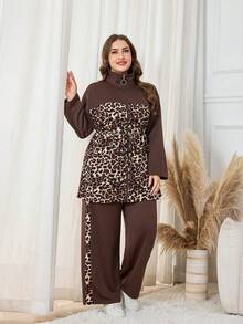 Modelyn Women's Fashion Leopard Print Patchwork Waist Cinched Long Pants, Versatile Two Pieces Set For Everyday Wear, Plus Size, Autumn/Winter