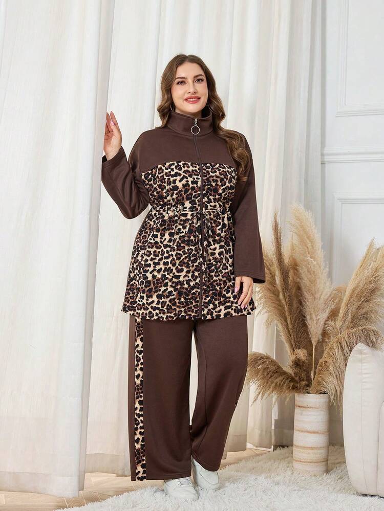 Modelyn Pantalon long femme à taille cintrée avec imprimé léopard et patchwork, ensemble deux pièces polyvalent pour un port quotidien, grande taille, automne/hiver - Multicolore - Voir 6