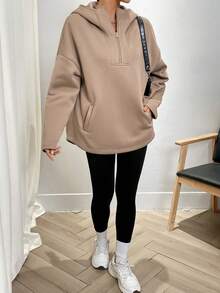 EMERY ROSE Plus Size Khaki Long Sleeve Fashionable Versatile Half-Zip Sweatshirt - Coffee Brown - View 3