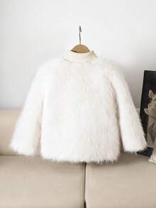 Elladie kids 年轻女孩休闲蓬松人造毛皮宽松开衫外套，精致时尚都市风，冬季 - 白色 - 查看 2