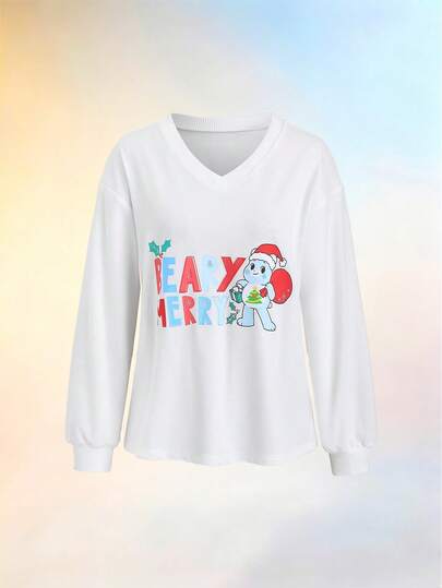 SHEIN X Care Bears SHEIN SunnyBelle Women's Casual Bear Print V-Neck Loose Long Sleeve Sweatshirt, Suitable For Holiday & Daily Wear, Autumn/Winter