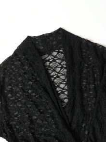GlowEve Women's French Style V-Neck Pearl Studded Hollow Lace Blouse - Black - View 3