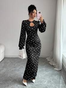 Gloray Gaun Lengan Panjang Berongga Elegan Motif Bunga untuk Wanita - Hitam - View 3
