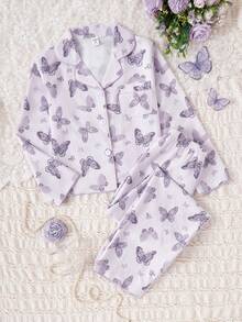 女学生睡衣，青春期女孩可爱蝴蝶印花长裤和长袖休闲两件套家居服套装 - 紫色 - 查看 3