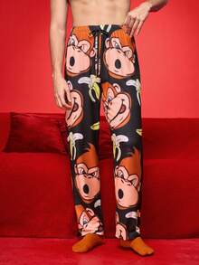 Notgurli Comfortable Milk Silk Hamburger Print Men's Lounge Pants Cartoon Monkey Loungewear Bottom, For Fall & Winter - Multicolor - View 5
