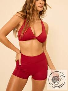 Aralina Quần short thể thao lưng thun co giãn màu trơn dành cho nữ - Màu Đỏ Sâu - Xem 1