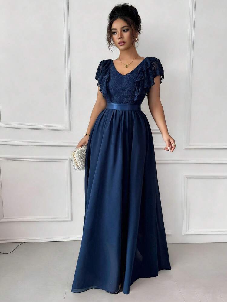 Elenzga Vestido largo elegante de manga corta con cuello en V, parche y línea A para mujeres - Azul Marino - Añade 1