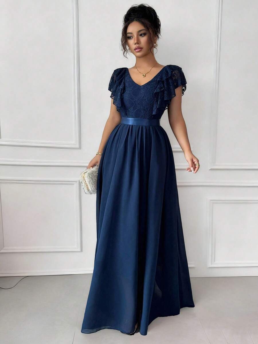 Elenzga 女士优雅荷叶边袖V领蕾丝拼接A字长裙 - 藏蓝色 - 查看 1