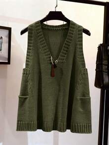 EMERY ROSE 新款纯色针织背心上衣，简约欧美风，百搭又时尚 - 軍綠色 - 查看 1