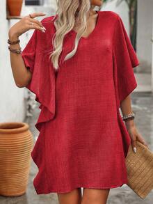 EMERY ROSE Váy ngắn cổ chữ V màu trơn thanh lịch thời trang dành cho nữ - Đỏ - Xem 5