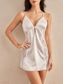 Charlaine 1 件优雅蕾丝花吊带睡袍，浪漫简约，别致秋季婚礼新娘，夏季假日，女士睡衣 - 白色 - 查看 2