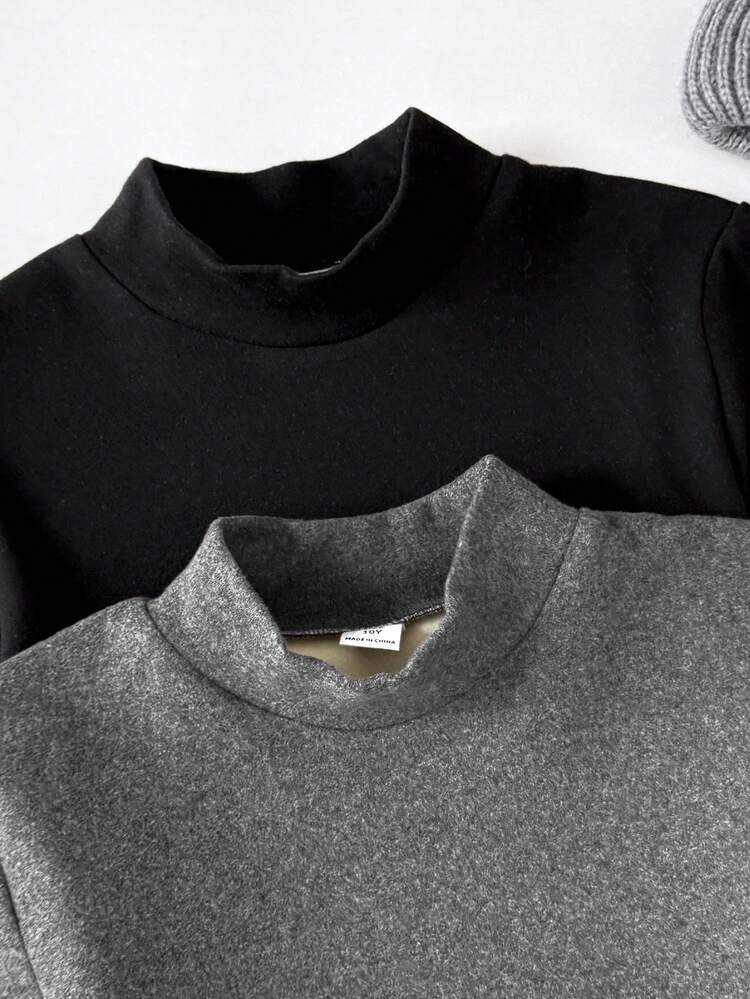 Leap Crew 2pcs/Set Young Girl Autumn/Winter Tight Fit Thick Base Layer Turtleneck T-Shirt, Suitable For Back To School, Party, Wedding, Flower Girl, Children Casual Wear, Opening Ceremony, Daily Wear, School, Travel - Black - View 4