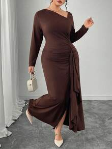 Modelyn Damen Große Größen elegantes Rüschen-Saum asymmetrischer Ausschnitt Langarm figurbetontes Kleid - Schokoladenbraun - Übersicht 3