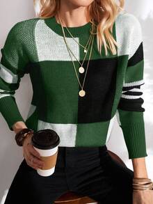 EMERY ROSE pull en tricot à col rond et manches longues avec couleurs contrastées pour femmes