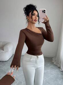 Elenzga New Women Knitted Elastic Fabric Oblique Shoulder Design Long Sleeve Slim Fit Bodysuit, Elegant Casual Everyday Versatile, Autumn/Winter - Brown - View 5