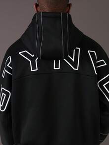 STYNVO 男士秋冬保暖连帽衫，撞色滚边字母图案休闲百搭卫衣，长袖上衣 - 黑色 - 查看 1