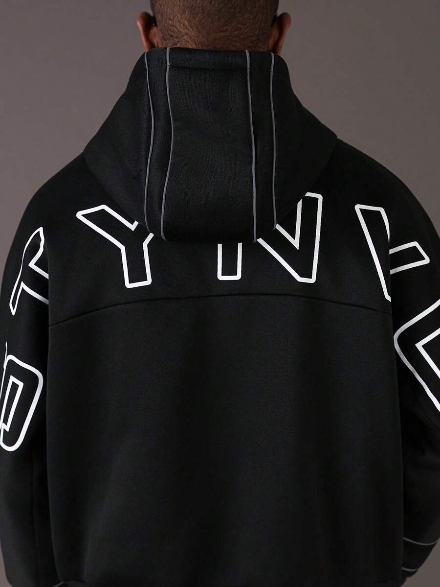 STYNVO 男士秋冬保暖连帽衫,撞色滚边字母图案休闲百搭卫衣,长袖上衣 - 黑色 - 查看 1