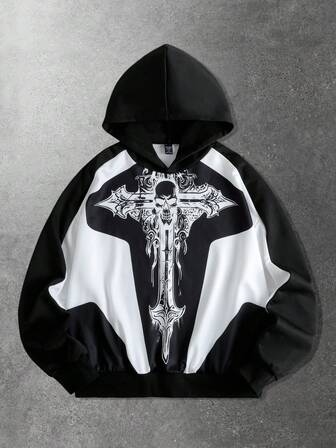 Street Life Men's Skull Cross Patchwork Hoodie, Loose Fit, Long Sleeve Top