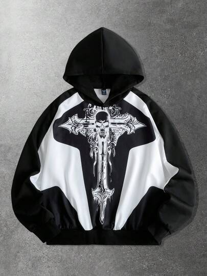 Street Life Men's Skull Cross Patchwork Hoodie, Loose Fit