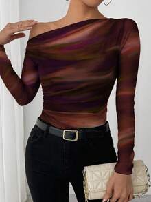 Elenzga 25-30+ Casual Autumn Tie Dye Print Ruffle Shoulder Long Sleeve Elegant Women T-Shirt - Orange - View 4