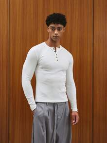 TOKVUE 男士纯色简约休闲长袖亨利领打底白色T恤，适合秋冬季穿着 - 白色 - 查看 1