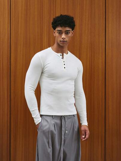 TOKVUE Men's Solid Color Minimalist Casual Long Sleeve Old Money Henley Collar Base Layer White T-Shirt, For Fall/Winter