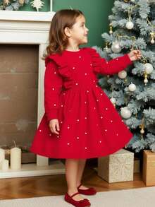 SHEIN Young Girl' Ruffled Beaded Collar Knit A-Line Long Sleeve Dress, Soft & Comfortable For Daily, Outdoor, Travel, Vacation, Home, Daycare Wear Winter Christmas Halloween Toddler Cardigan Sweater Autumn Fall Jumpers Sweaters Tops Dress Dresses Christmas Jumper Cozy Pixies Prepcrw Christmas Outfit Halloween New Born Toddler Fall Winter Dress Halloween Romper Stuff Halloween Jumper Jumper Cardigans Shirts White Cardigan Clean Downtown Off The Shoulder Sweater Outfit Sets Pink Sweater Jacket Cute Fall Outfits Outfits Top Maija Christmas Dress Toddler Fall Dark Purple Skirt Christmas Sweater Fall Sweaters Unisex White Sweater Vest Skirt Sets - Red - View 2