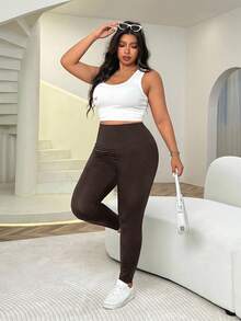 Solflare Plus Size Solid Color Elastic High Waist Breathable Leggings