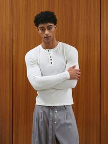 TOKVUE 男士纯色简约休闲长袖亨利领打底白色T恤，适合秋冬季穿着 - 白色 - 查看 6