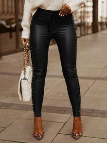 INAWLY Plus Size Black Rivet Slit Faux Leather Leggings - Black - View 3