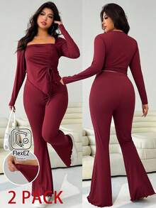 SHEIN EZwear 秋冬天鹅领不对称褶饰长袖 T 恤搭配喇叭裤两件套，酒红色，弹力针织，休闲外出、约会、日常穿着、派对、返校、通勤，加大码 - 酒紅色 - 查看 1