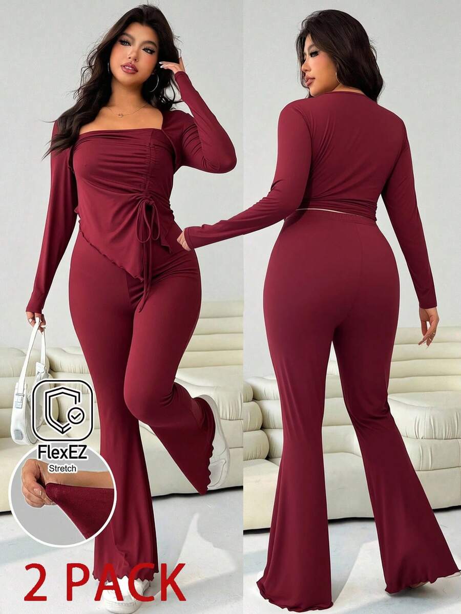 SHEIN EZwear 秋冬天鹅领不对称褶饰长袖 T 恤搭配喇叭裤两件套,酒红色,弹力针织,休闲外出、约会、日常穿着、派对、返校、通勤,加大码 - 酒紅色 - 查看 1