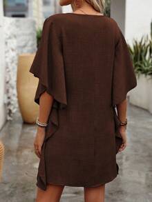 EMERY ROSE Women's Solid Color V-Neck Loose Ruffled Hem Fashionable Elegant Versatile Dress - Rust Brown - View 2