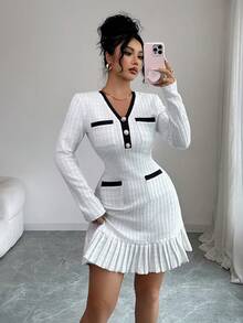 Elenzga New Women's Knitted Tweed Elastic Fabric V-Neck Color Block Fitted Casual Everyday Versatile Elegant Young Lady Short Dress, Autumn/Winter