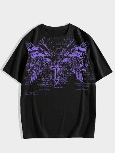 Goth Camiseta de manga corta de cuello redondo con estampado cruzado y eslogan, de corte holgado y casual para hombre