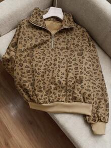 Franclia Women's Leopard Print Half-Zip Stand Collar Long Sleeve Sweatshirt
