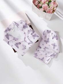 女学生睡衣，青春期女孩可爱蝴蝶印花长裤和长袖休闲两件套家居服套装 - 紫色 - 查看 1