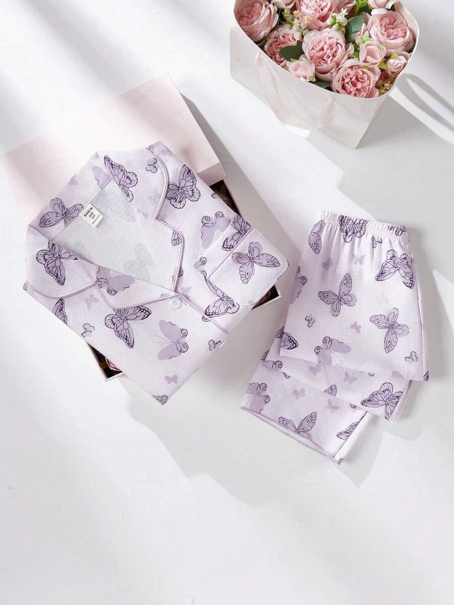 女学生睡衣，青春期女孩可爱蝴蝶印花长裤和长袖休闲两件套家居服套装 - 紫色 - 查看 1