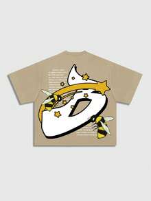 ROMWE MEN Street Life 男士宽松落肩短款印花T恤 - 杏色 - 查看 2