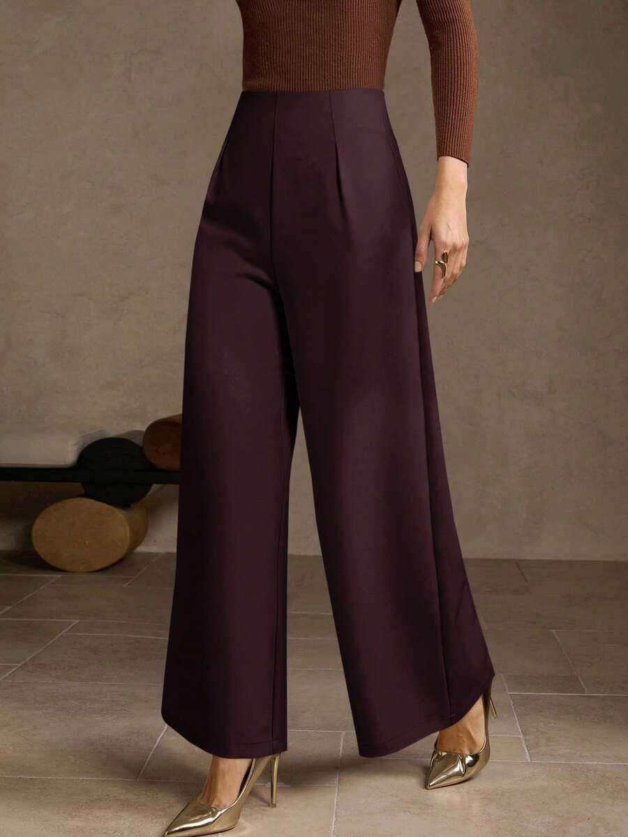 MOTF PREMIUM PANTALONES DE PIERNA ANCHA CON CREMALLERA LATERAL VERSÁTIL DE CINTURA ALTA - Burdeos - Ver 1